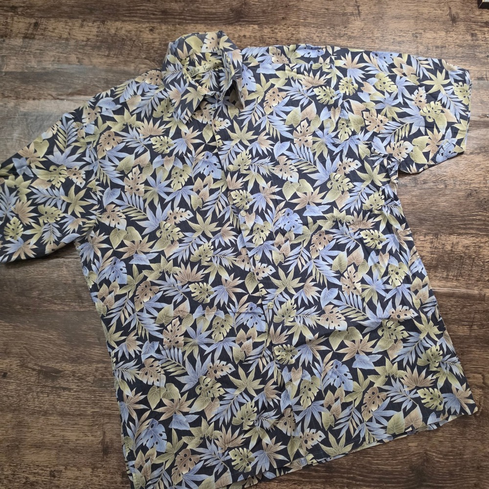 BATIK BAY Button Down Shirt Mens L Blue Green Tropical Palm Leaf Cotton Aloha